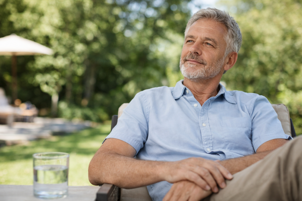 middle aged man relaxed outdoors representing natural prostate health support and male wellness