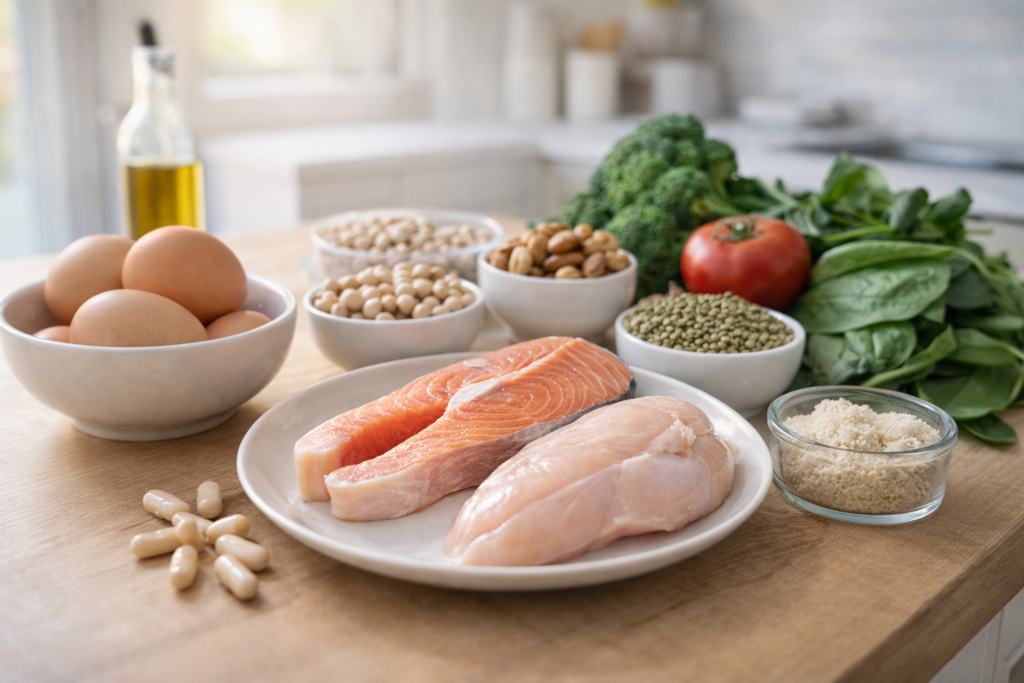 Protein rich foods including eggs fish legumes and nuts representing natural dietary sources of amino acids and balanced nutrition