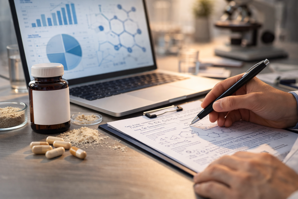 Researcher analyzing dietary supplement ingredients and capsules with scientific charts representing evidence based supplement evaluation