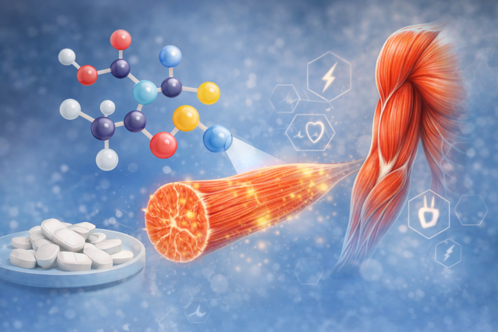 Illustration of amino acids supporting muscle maintenance, recovery, and protein synthesis in the human body