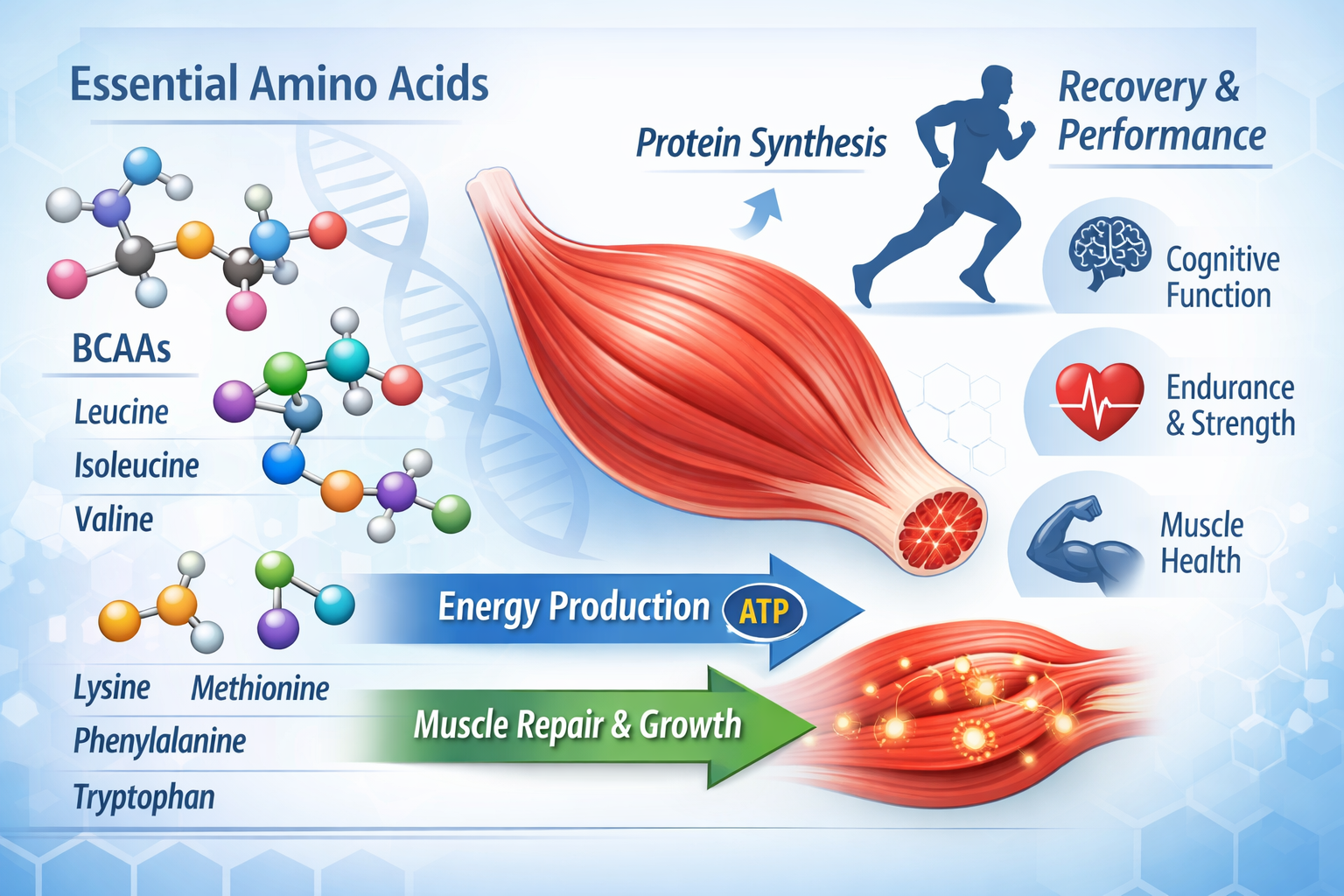 Illustration showing essential amino acids and their role in muscle recovery and protein synthesis