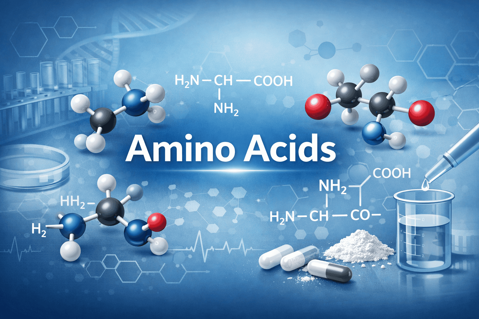 Illustration showing essential amino acids and scientific formulation concepts