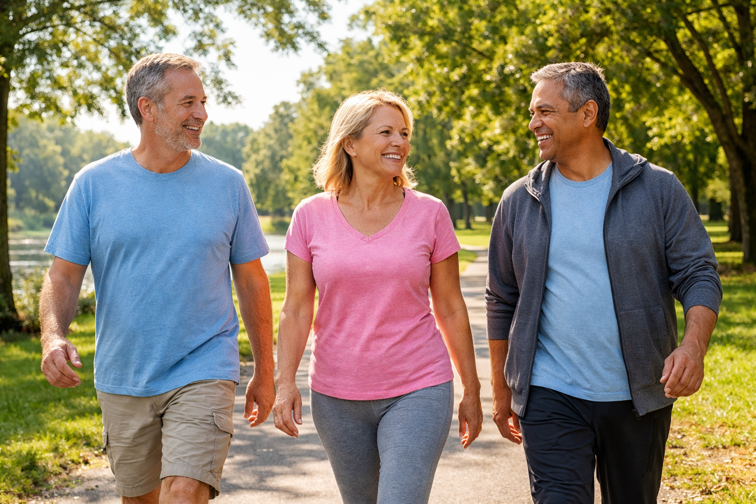 Adults walking outdoors representing healthy circulation and daily vitality