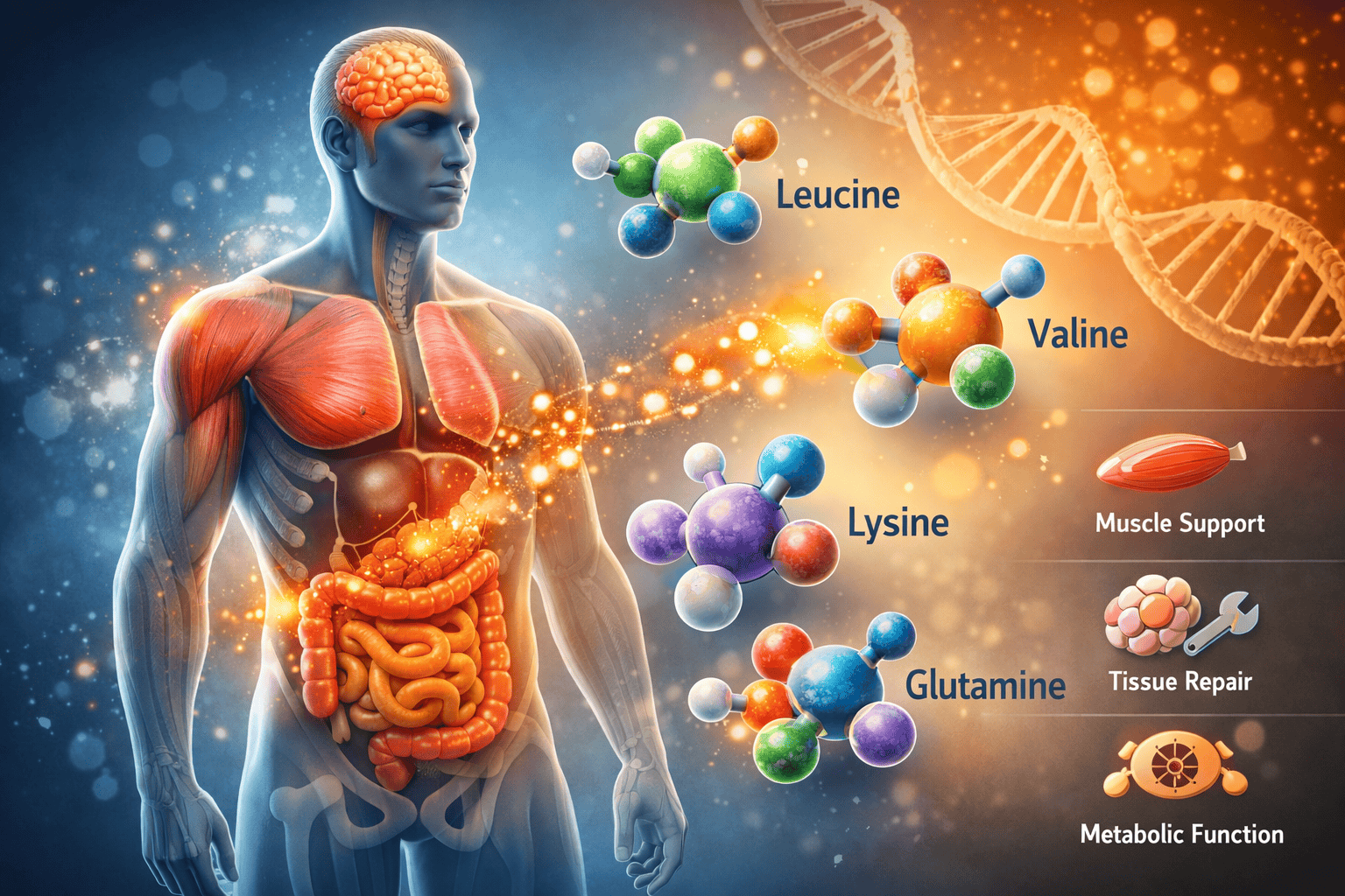 Illustration showing how amino acids function in the body to support muscle tissue and metabolic processes