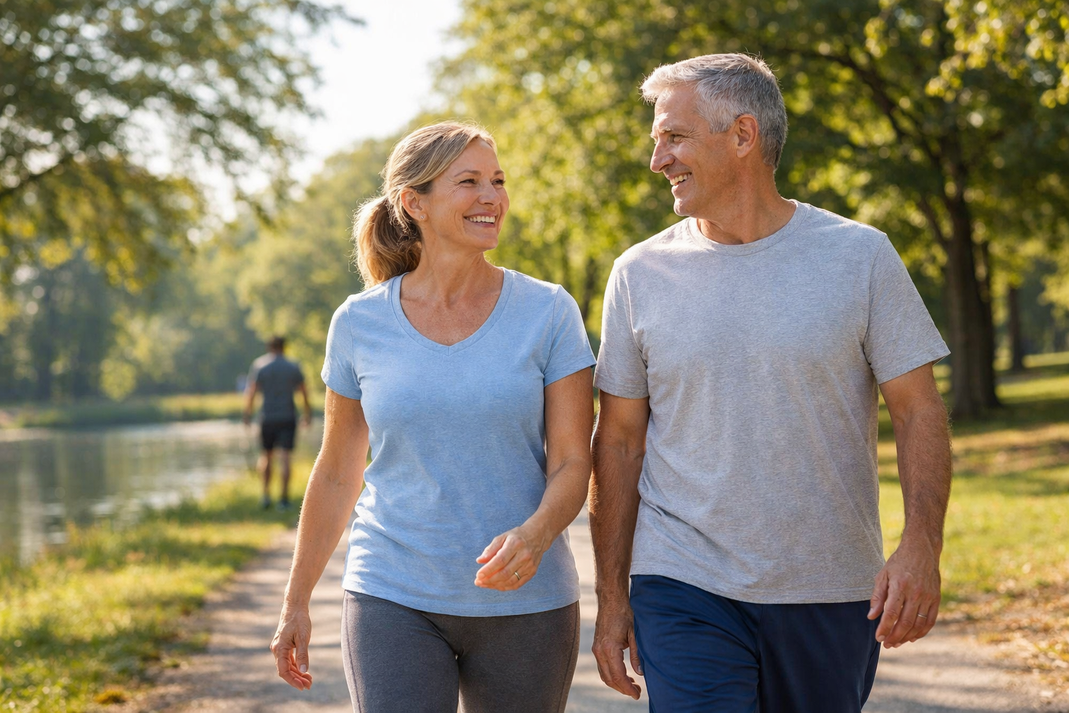 Active adults walking outdoors as part of a healthy circulation-focused lifestyle