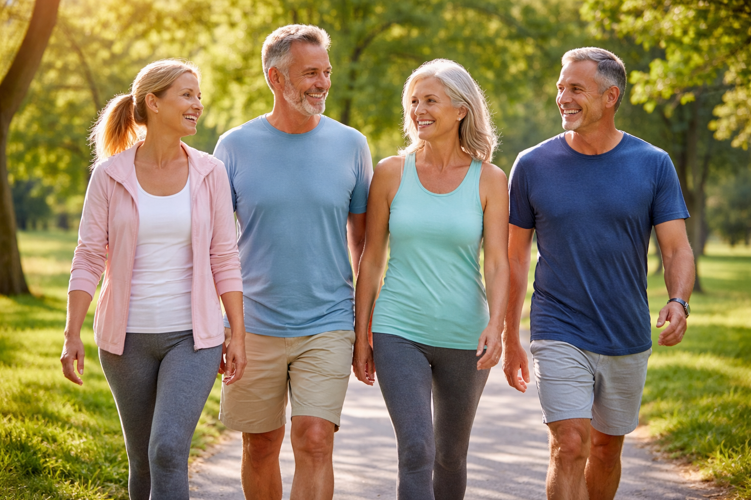 Healthy adults walking outdoors as part of an active lifestyle and circulation support