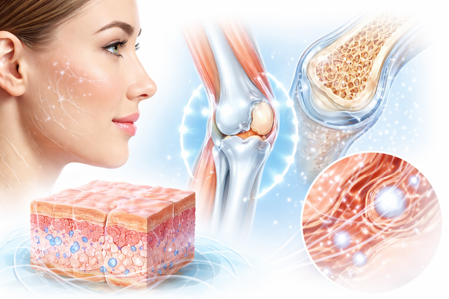Illustration showing collagen support for skin, joints, and connective tissue
