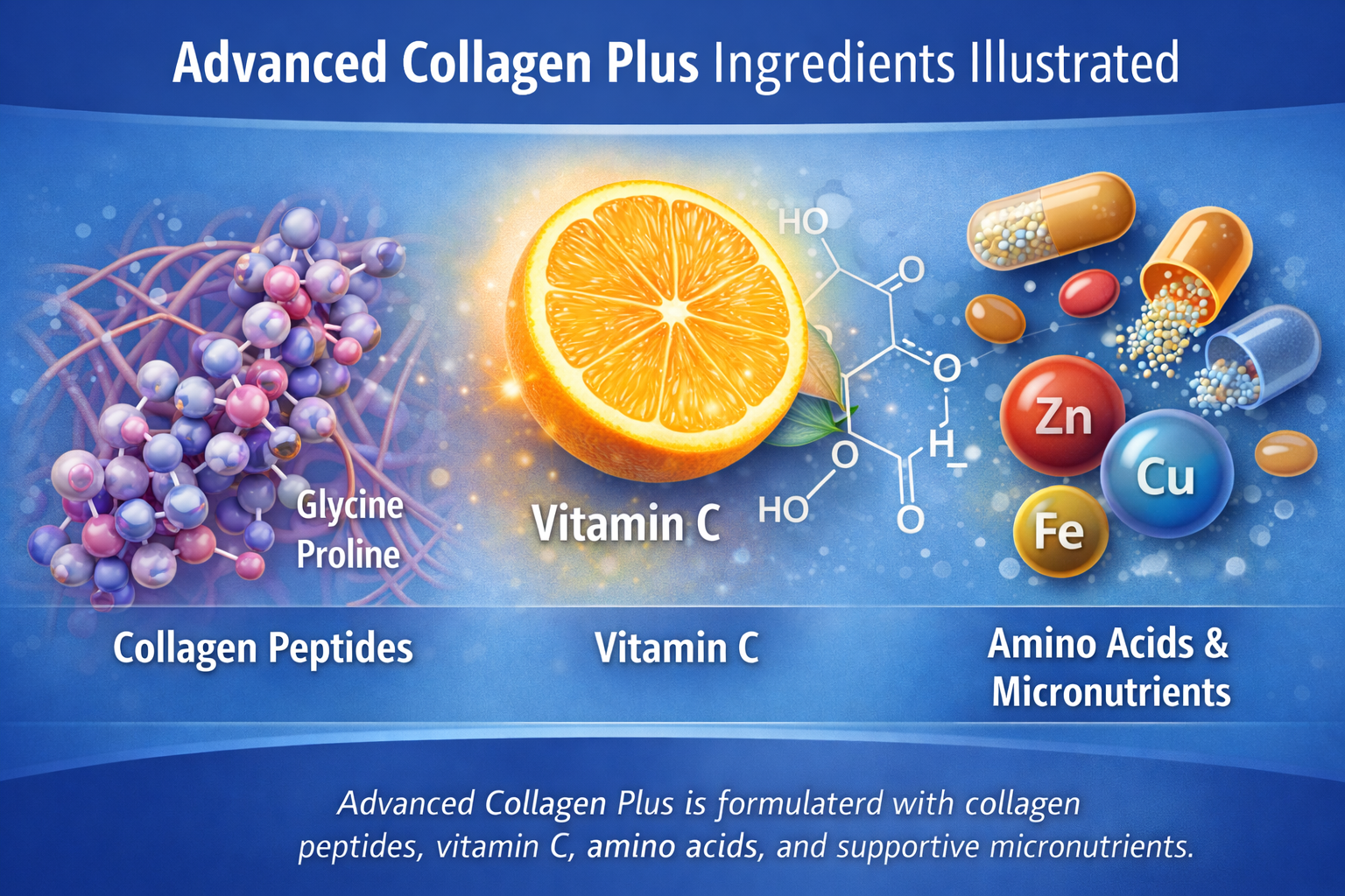 Illustration showing collagen peptides, vitamin C, and supporting nutrients in Advanced Collagen Plus