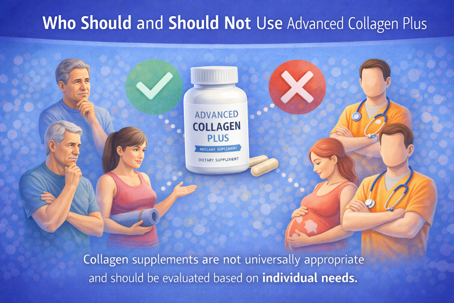 Illustration showing different adults evaluating whether a collagen supplement is suitable for their needs