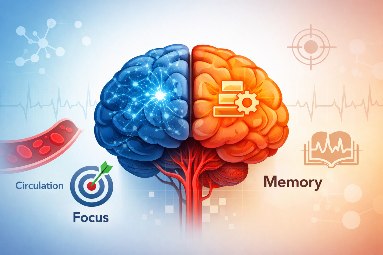 Educational diagram illustrating brain support mechanisms including circulation, neurotransmitter activity, cellular energy, and antioxidant protection related to cognitive support supplements.