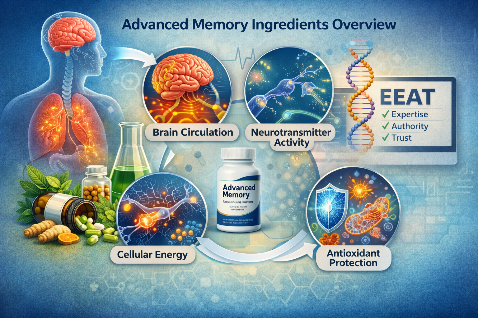 Educational diagram illustrating ingredient categories that support cognitive function including circulation, neurotransmitter activity, cellular energy, and antioxidant protection.