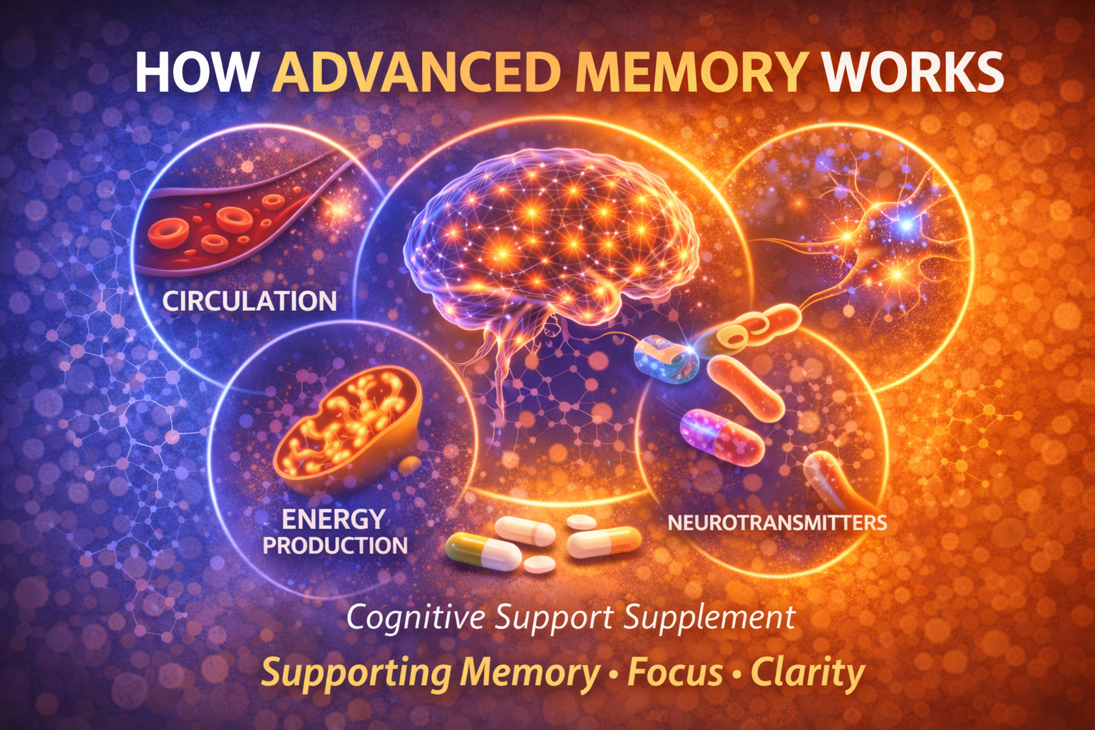An infographic introducing the cognitive support mechanisms behind Advanced Memory, focusing on the supplement’s effects on brain functions like memory, focus, and clarity.