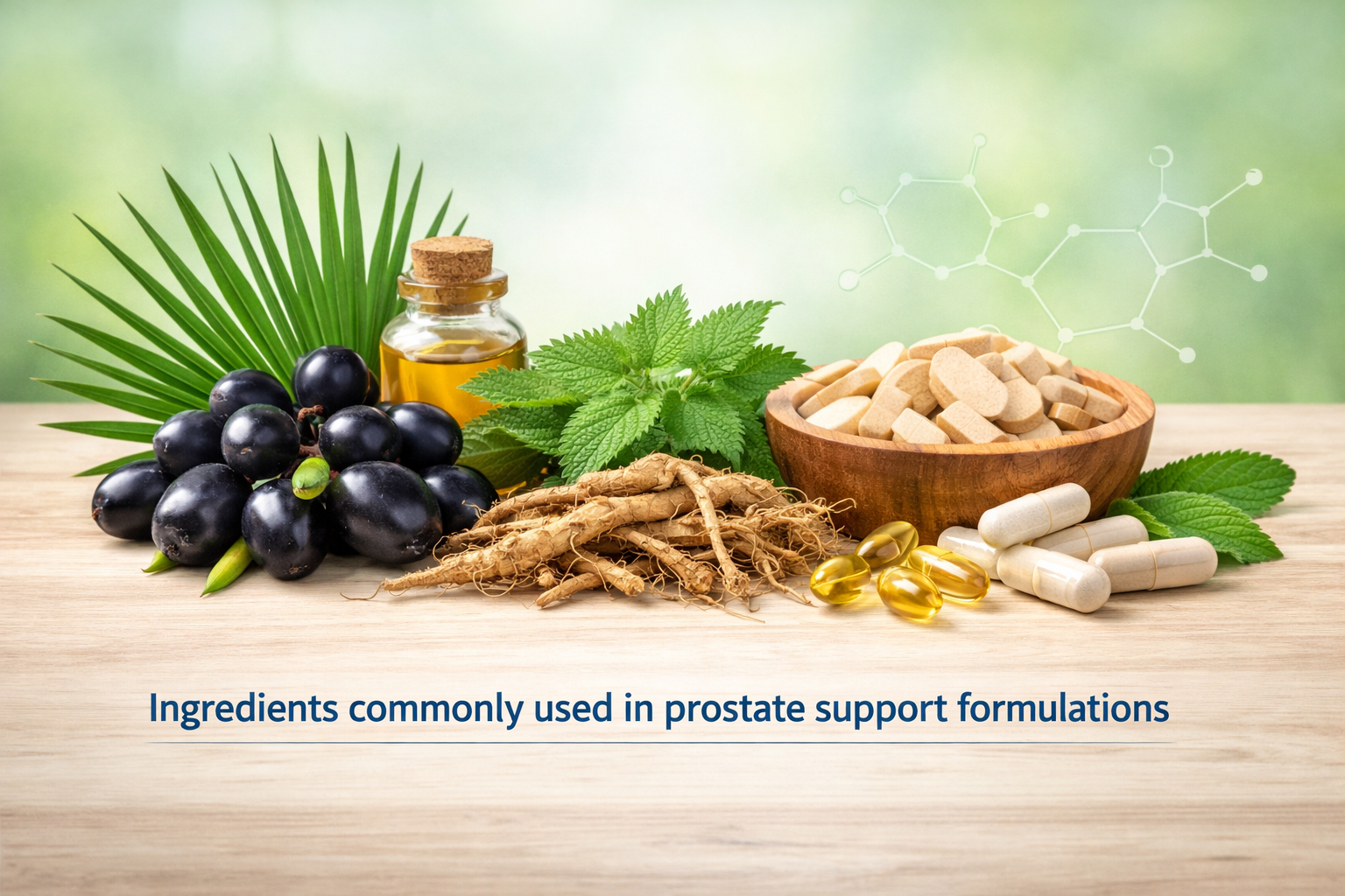 Illustration showing ingredients commonly used in prostate support supplements