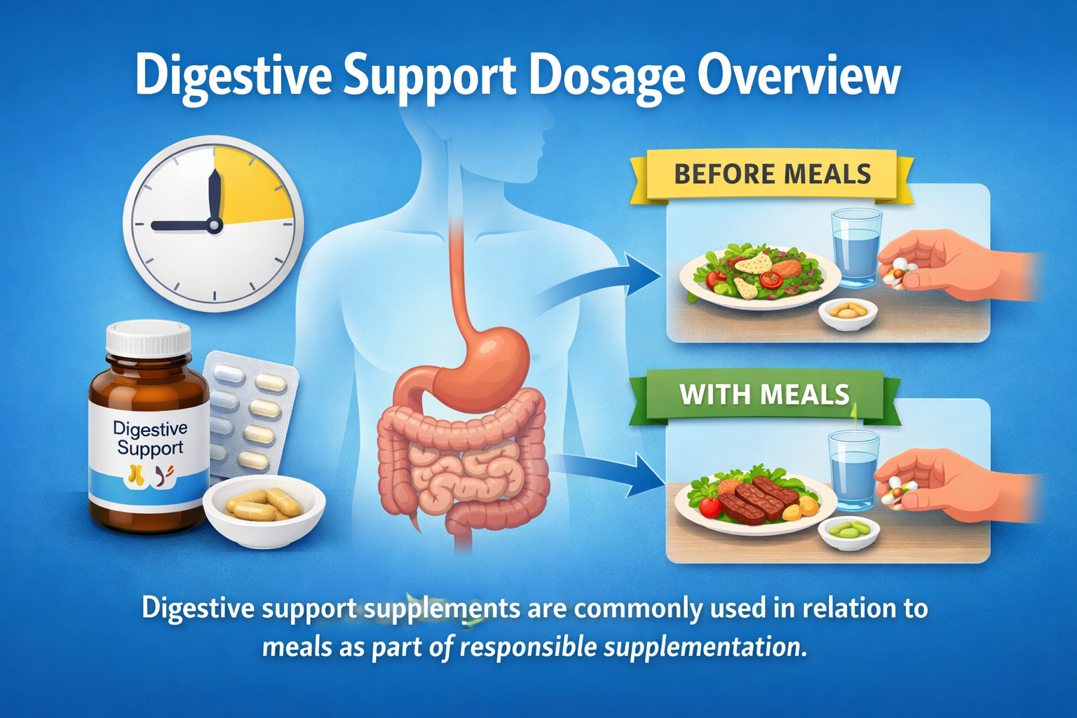 Illustration showing digestive support supplement usage in relation to meals