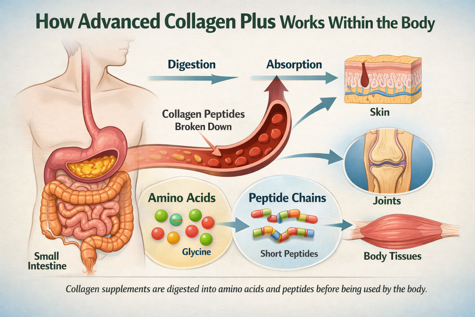 Illustration showing how collagen supplements are digested and absorbed