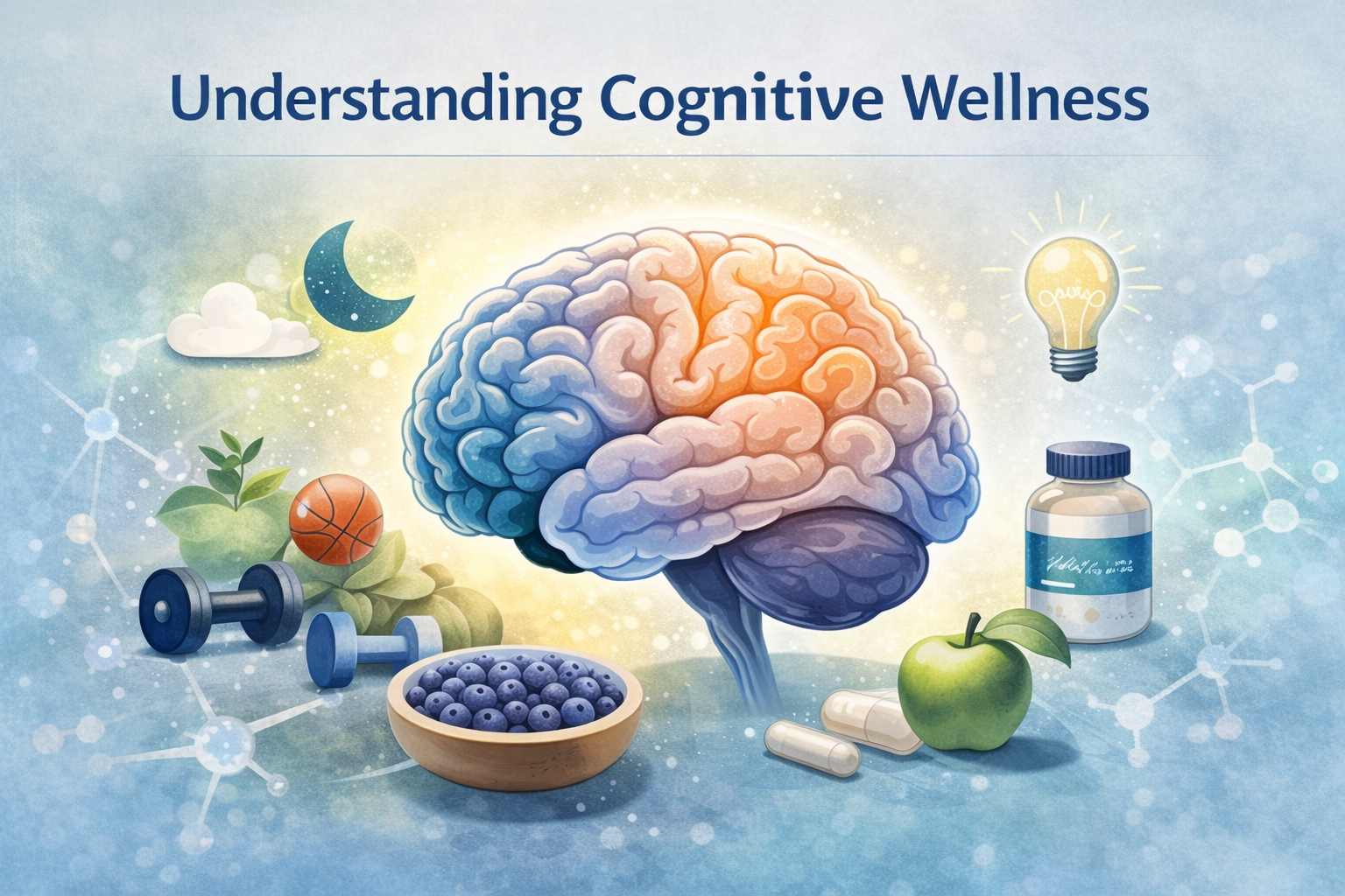 Illustration representing cognitive support, brain health, mental clarity, and focus in adults