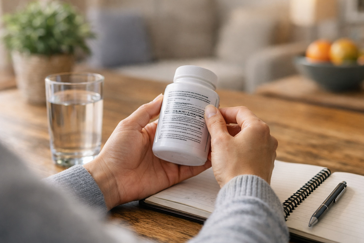 Person reading supplement dosage instructions on a Pep Tonic label as part of responsible daily use