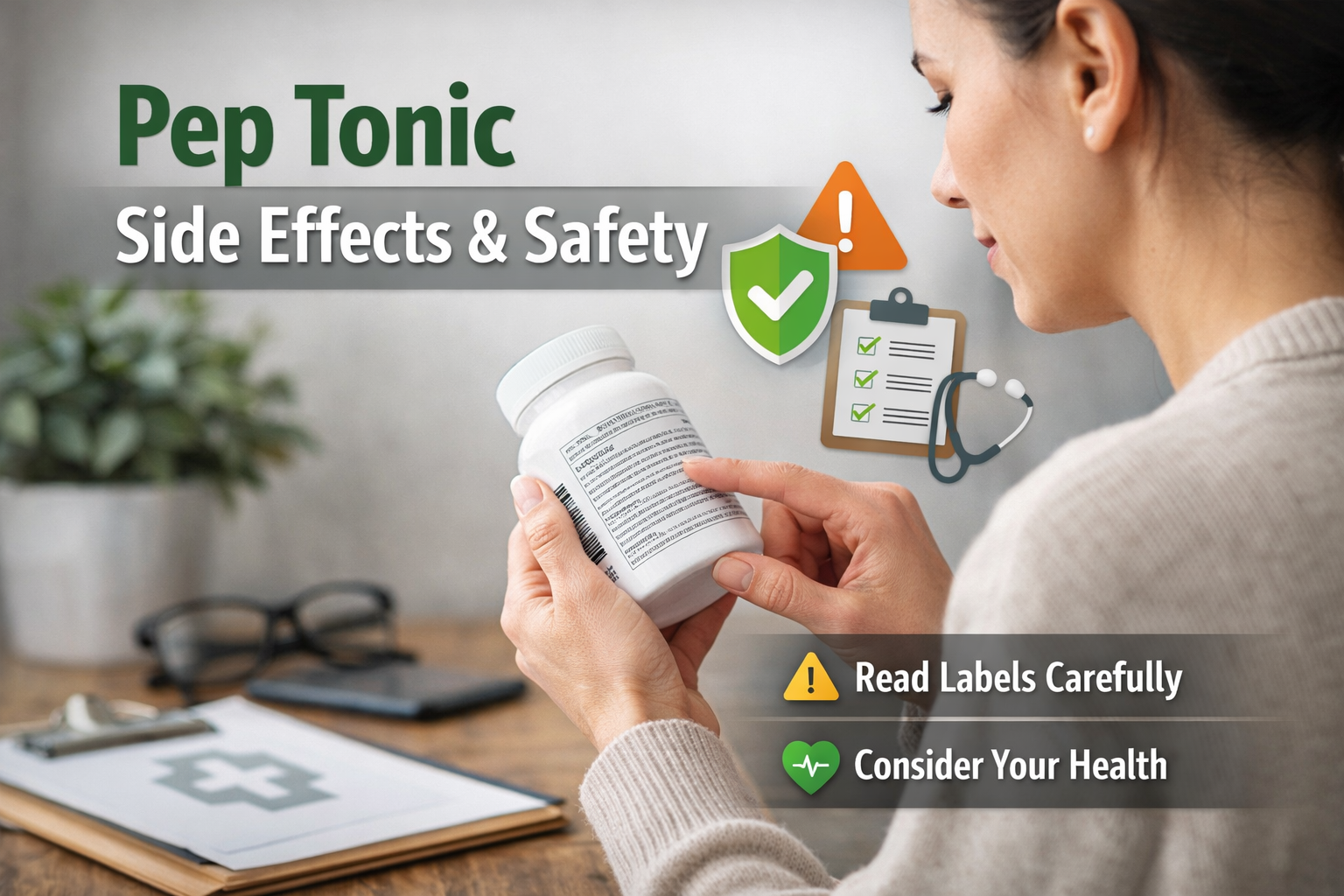 Person reviewing dietary supplement safety information and label instructions related to Pep Tonic use
