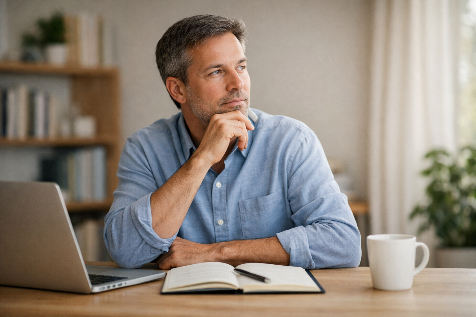 Adult reflecting and evaluating personal decision about using a cognitive support supplement