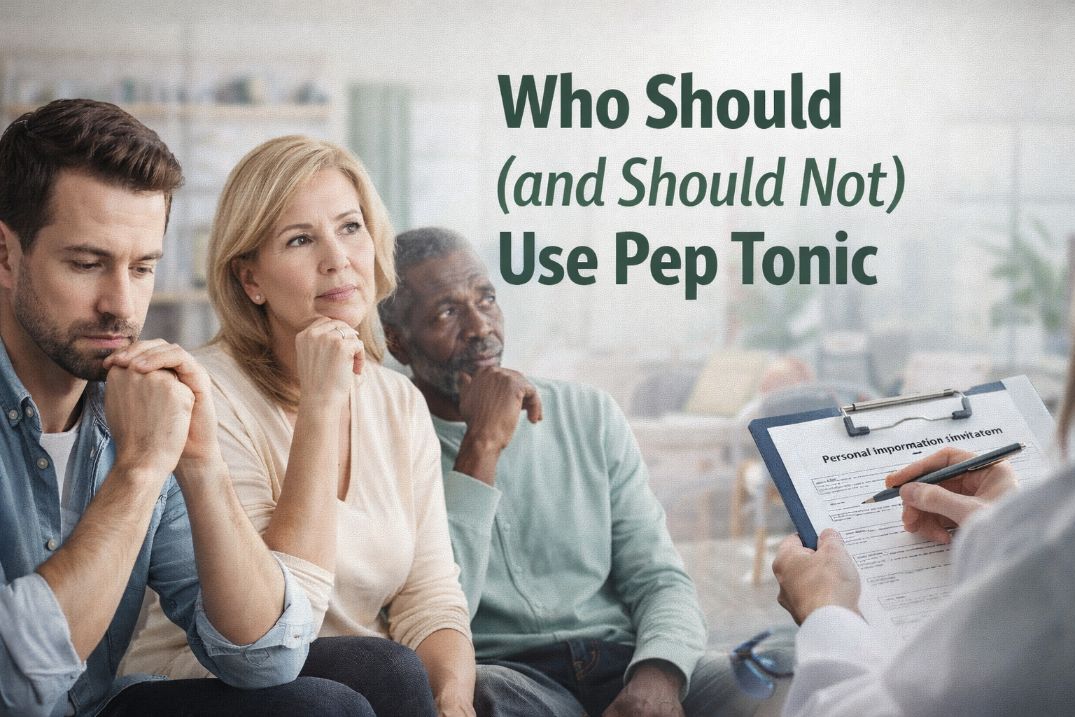 Adults thoughtfully evaluating whether a dietary supplement like Pep Tonic is appropriate for their individual needs