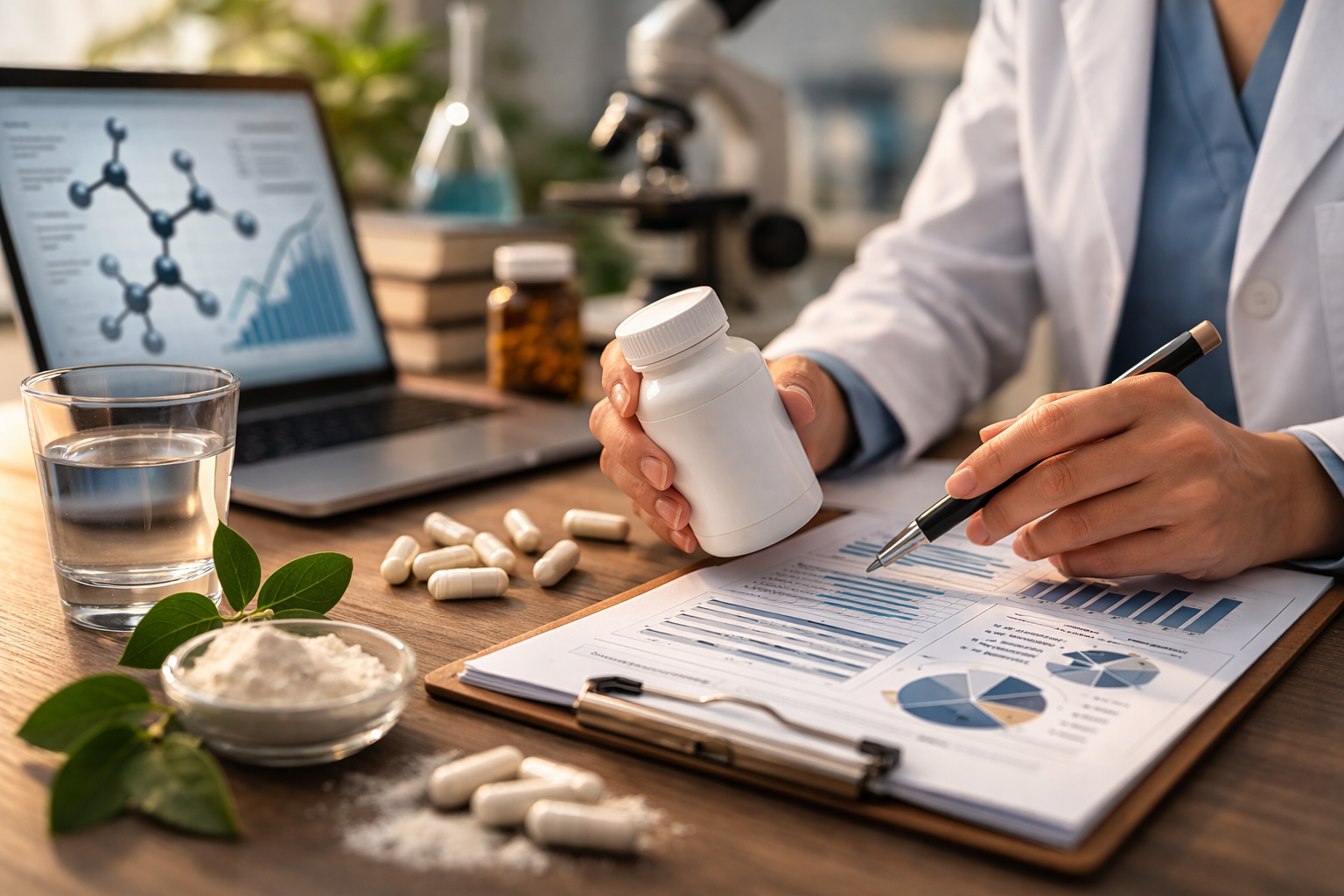 Researcher evaluating dietary supplement capsules and ingredients representing scientific analysis of Advanced Amino Formula effectiveness