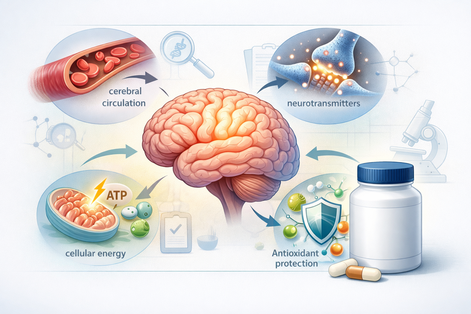 educational illustration representing how cognitive support supplements like Advanced Memory Formula may support brain function, focus, and mental clarity