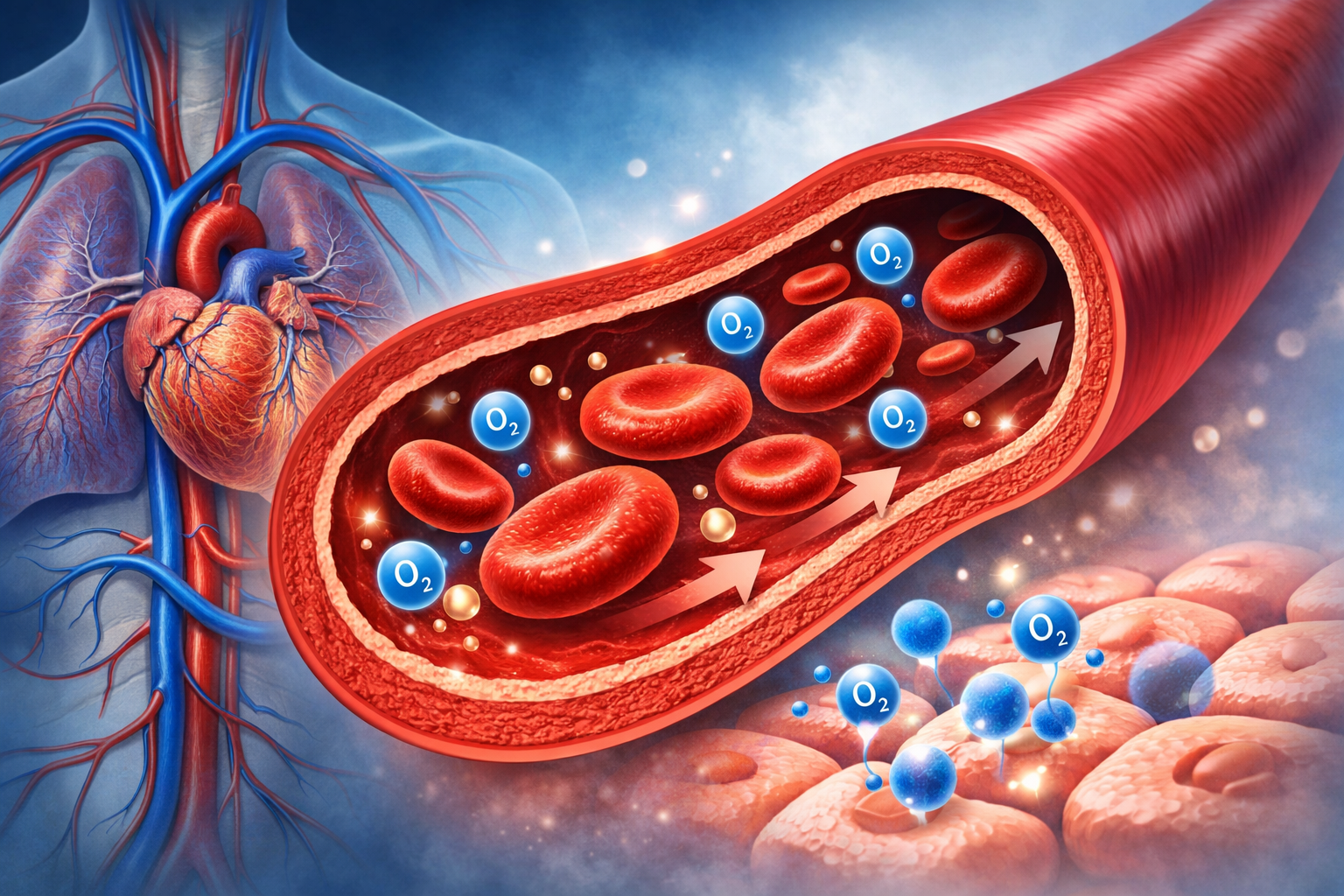 Medical illustration showing healthy blood circulation and oxygen delivery through blood vessels