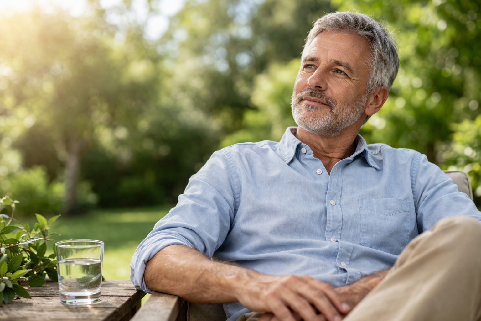 middle aged man relaxed outdoors representing prostate health support and urinary comfort lifestyle