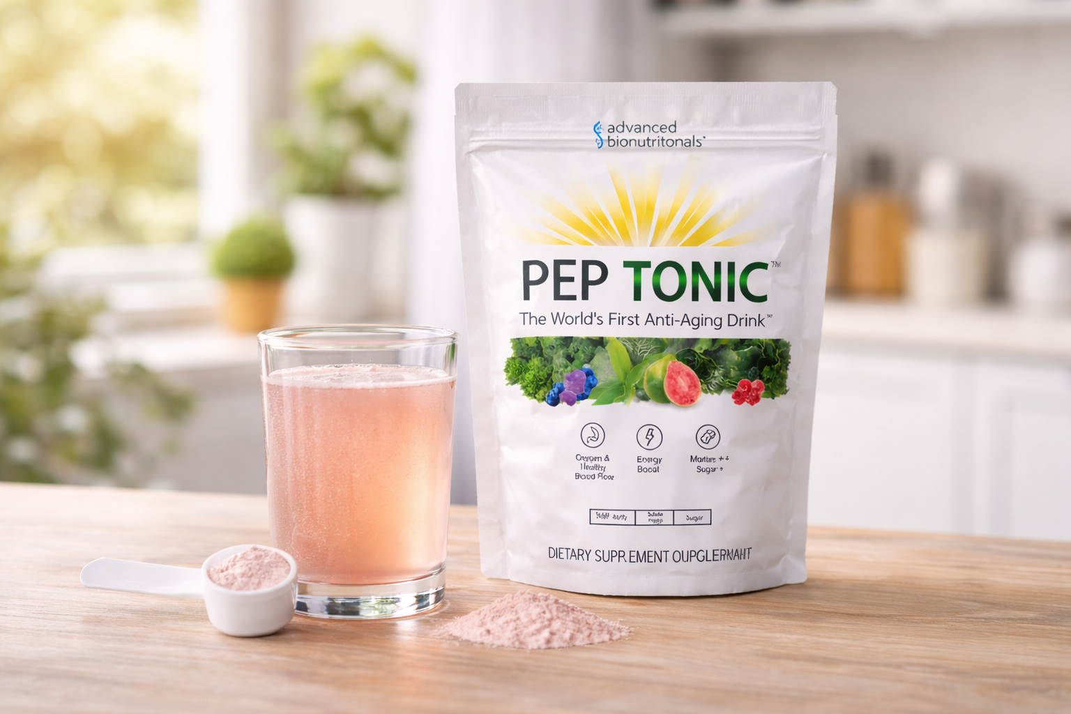 Pep Tonic anti aging drink supplement powder and prepared drink in glass