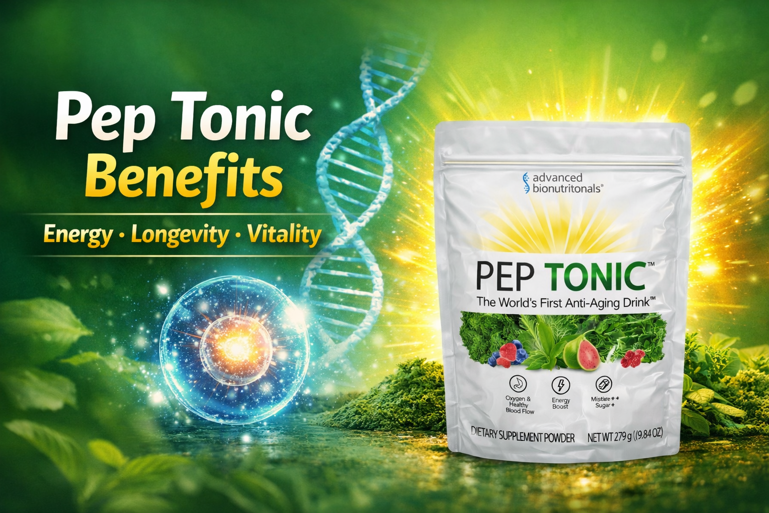 Pep Tonic longevity greens powder supplement for energy, cellular health and vitality support