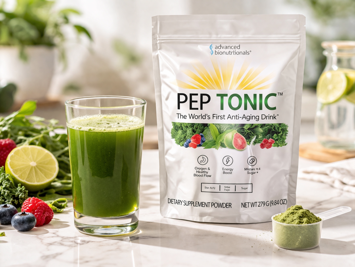 Pep Tonic mixed drink with greens powder showing natural energy supplement preparation