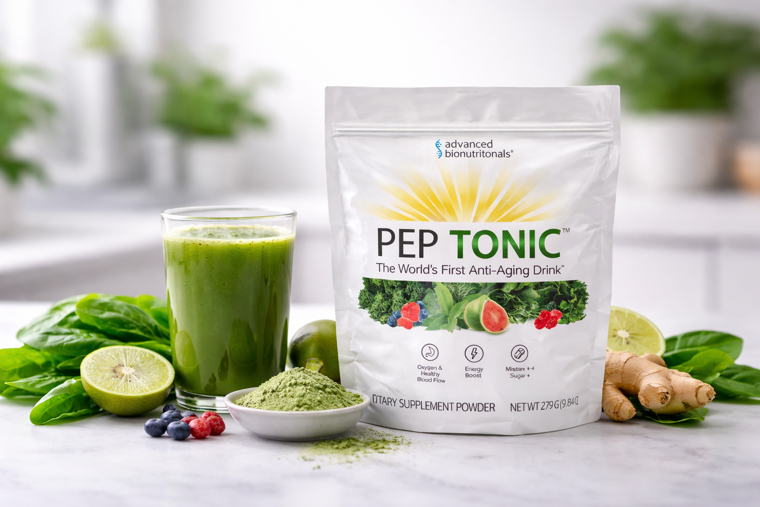 Pep Tonic greens powder drink prepared with water showing supplement packaging and green wellness beverage