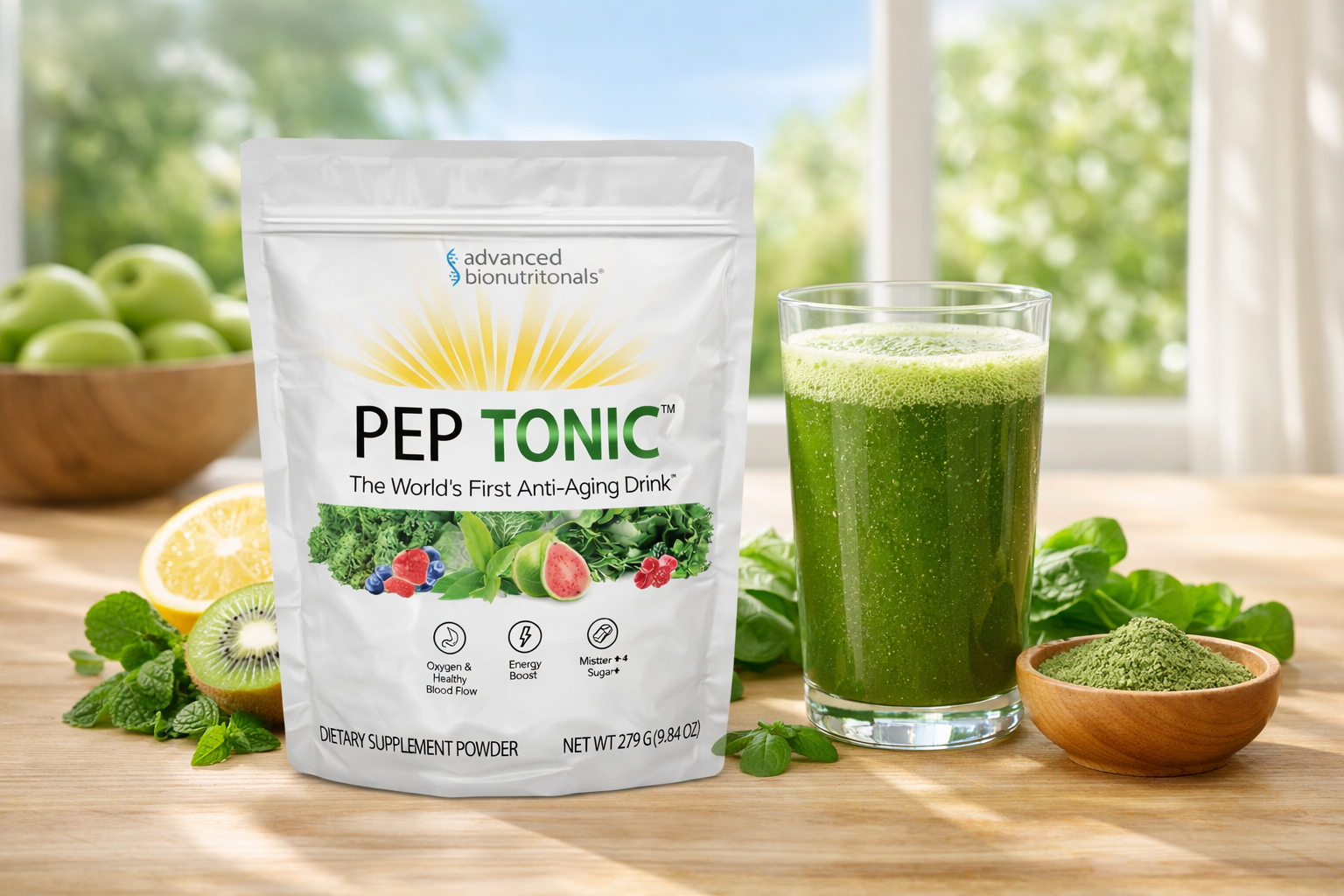 Pep Tonic greens powder mixed with water daily longevity drink supplement