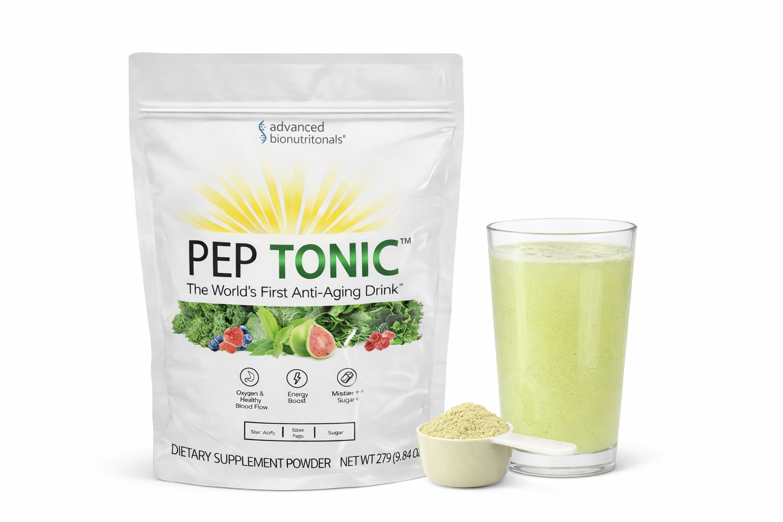 Pep Tonic longevity drink powder supplement by Advanced Bionutritionals with prepared green nutritional drink