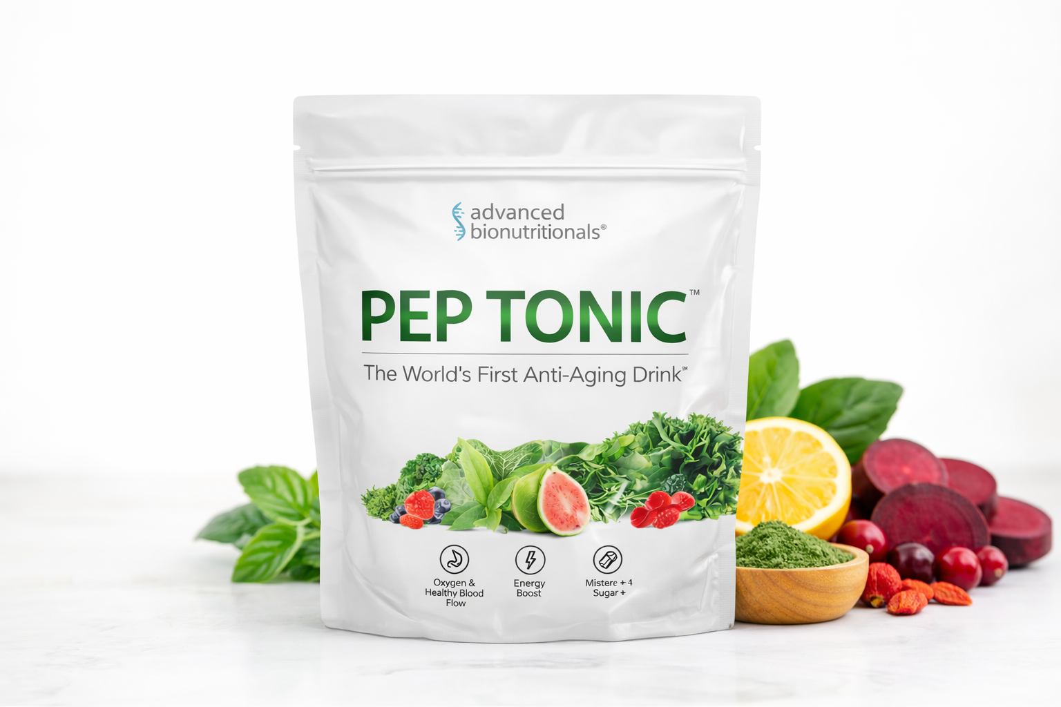 Pep Tonic supplement powder pouch by Advanced Bionutritionals with natural ingredients for longevity and cellular health support