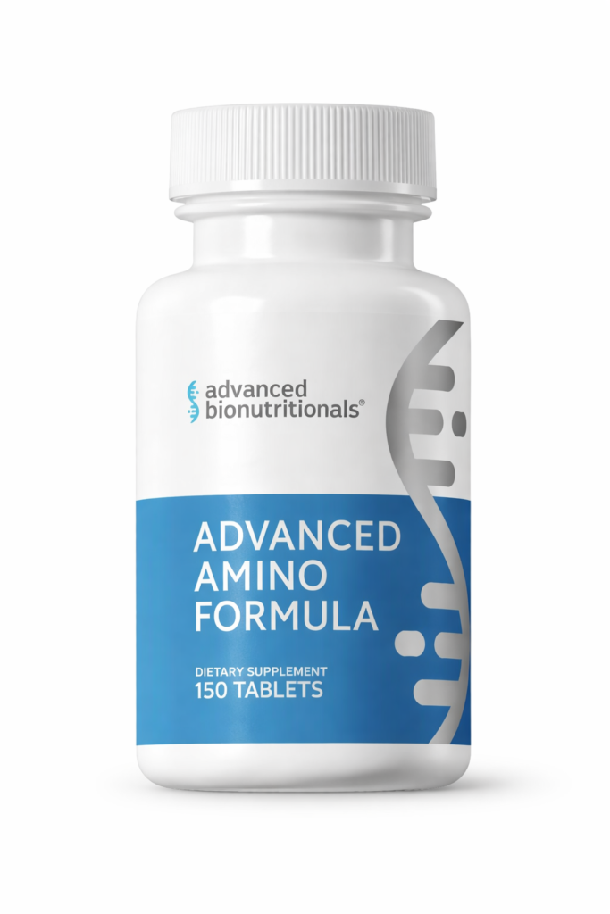 Advanced Amino Formula supplement bottle with 150 tablets designed to support amino acid intake and muscle recovery